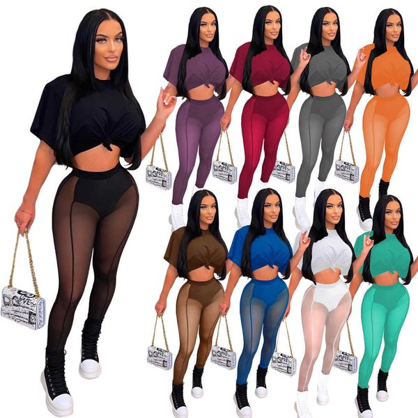 

women's wear 2022 tracksuits spring and summer navel exposed short t-shirt + mesh commuting two-piece set, Gray