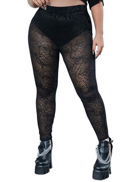 

plus floral lace leggings without belt & panty y6l7#, Black