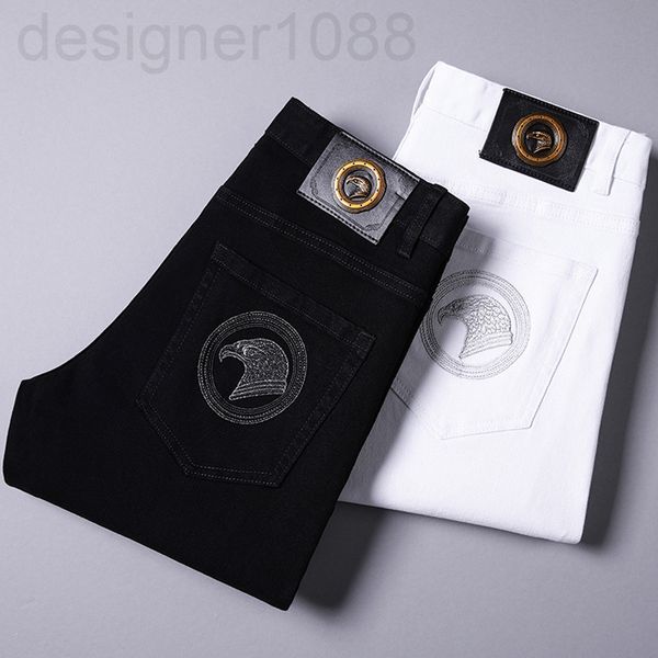 

men's jeans designer 2021 spring and summer korean slim legged jeans elastic eagle embroidered black white d17s, Blue