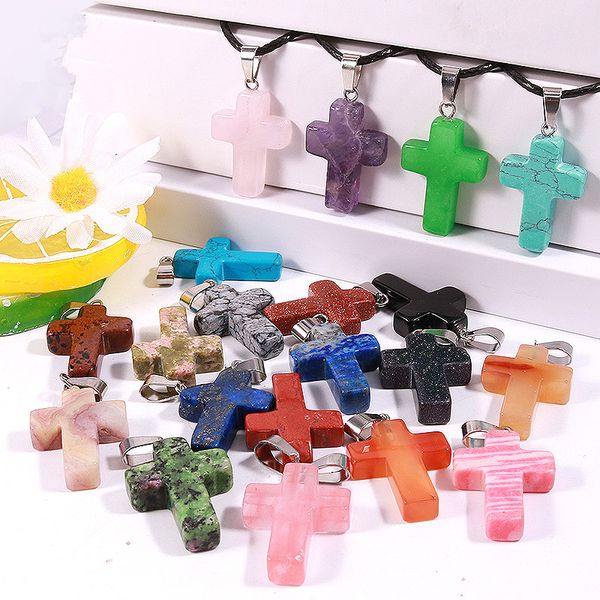 

natural stone quartz crystal opalite unakite agate trendy cross pendant necklace charms for jewelry making, Silver