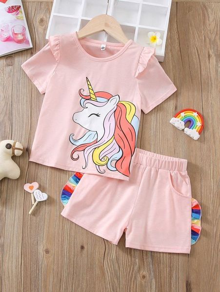 

toddler girls unicorn print frill trim tee & shorts she, White