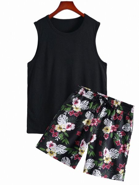 

men tank with tropical print shorts 82eb#, Gray