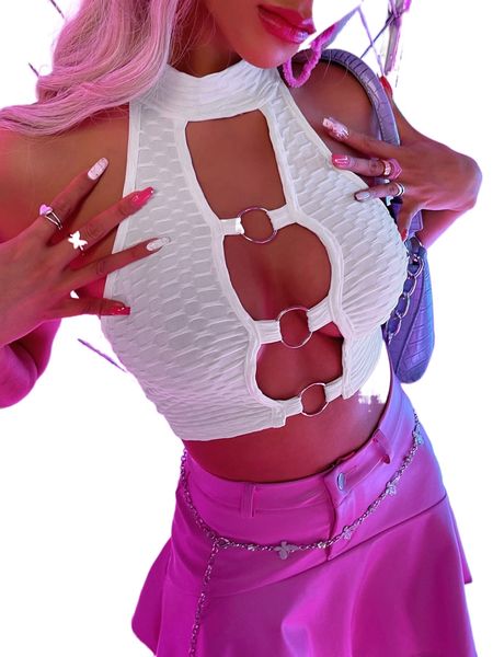 

textured cut out ring front backless halter n08n#, White