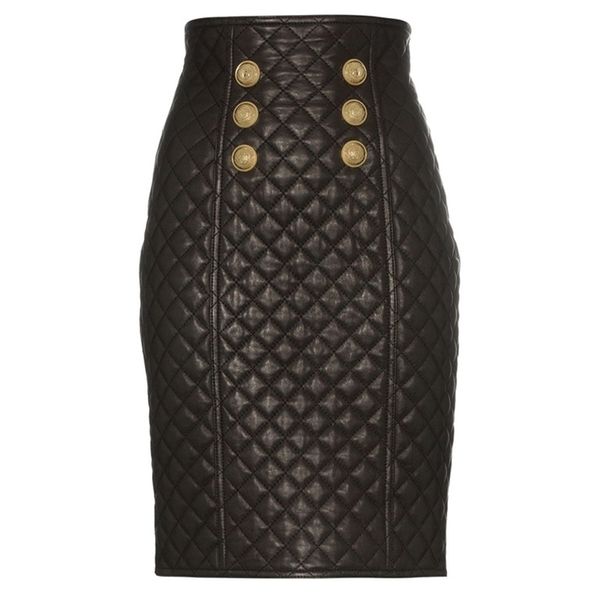 

est designer skirt women's sewing grid empire synthetic leather skirt 210315, Black