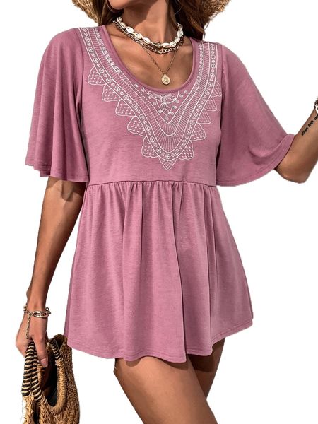 

embroidery butterfly sleeve peplum tee g8py#, White