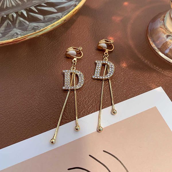 

luxury brand stud letter d clip earrings for women crystal big hanging earring wedding jewelry statement pendientes, Golden;silver