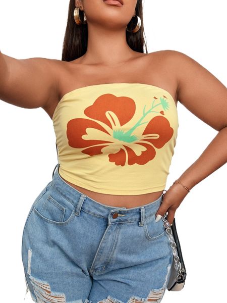 

plus floral print crop tube o12m#, Black