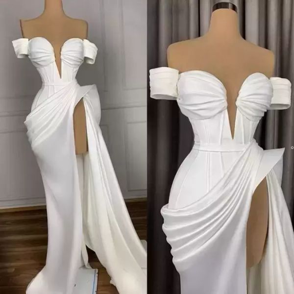 Vestidos de noite branca sexy long 2023 fora do ombro cetim com altas fendas África árabe mulheres vestidos de festa de partido formal