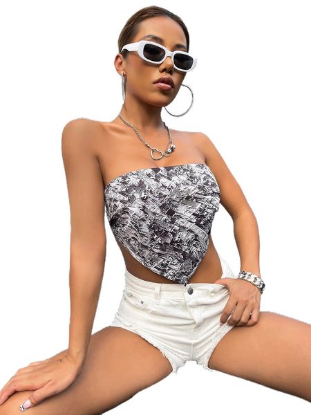 

hanky hem tie back allover print tube 61wc#, White