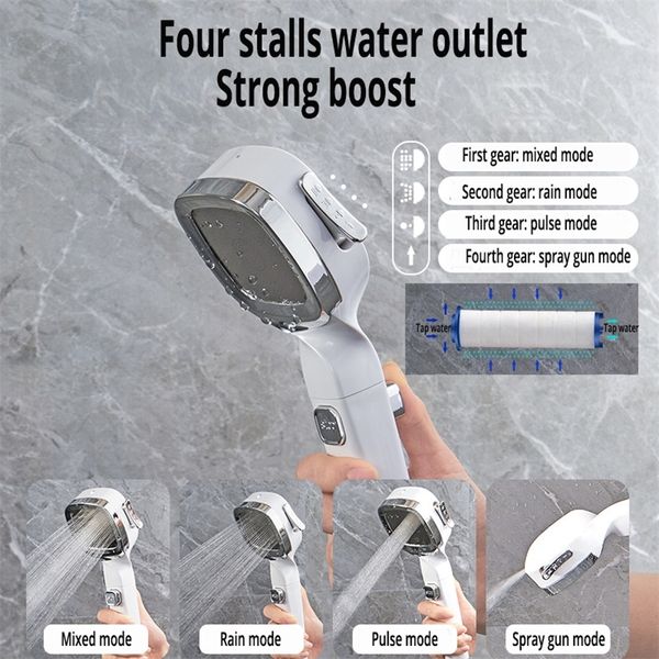 Porta doccia ad alta pressione 4 Modalità con interruttore ON/OFF pulsante Spray Acqua Salvamento del filtro dell'ugello doccia Regolabile 220401