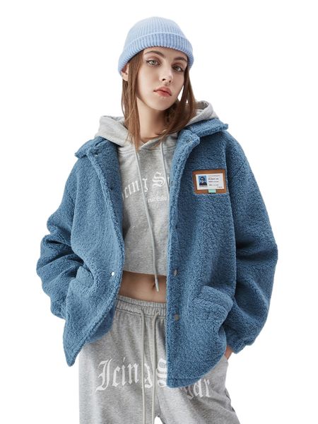 

logo patched button front teddy coat s2s4#, Black