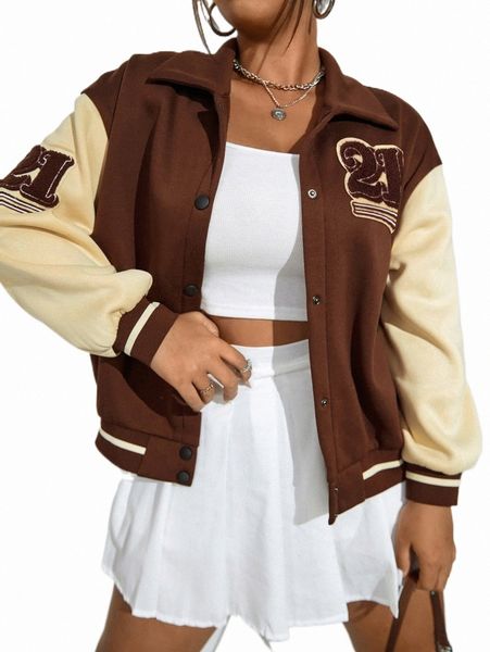 

plus letter patched colorblock drop shoulder jacket v7my#, Black