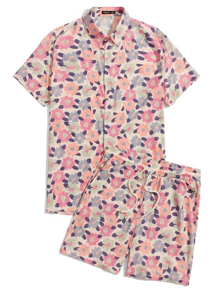 

men allover floral print shirt & drawstring waist shorts d8nh#, Gray