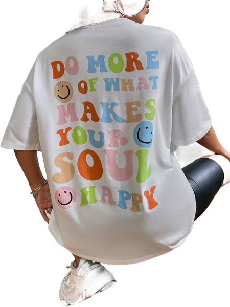 

slogan & cartoon face print drop shoulder tee 76lq#, White