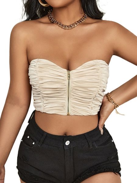 

sxy zip front ruched crop tube 136q#, White