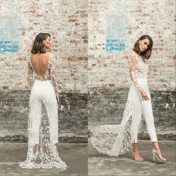 

a-line wedding dresses beach jumpsuit wed dress jewel neck long sleeve backless ankle length bridal outfit lace summer bride gowns, White