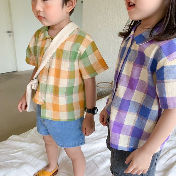 

ins children plaid shirt boys lapel single breasted short sleeve shirt girls lattice casual kids cotton clothing a8660, White;black