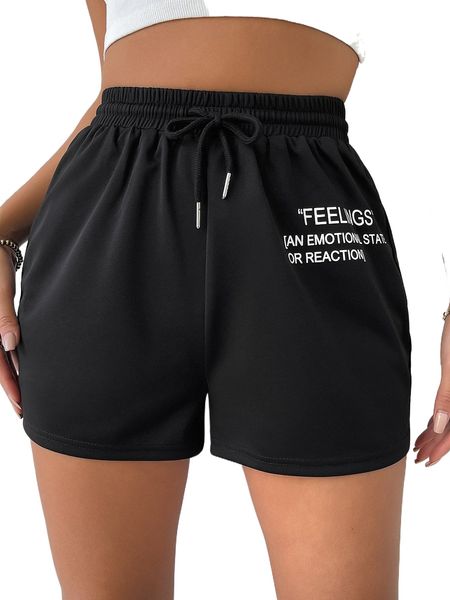 

drawstring waist slogan graphic track shorts l7pc#, White;black