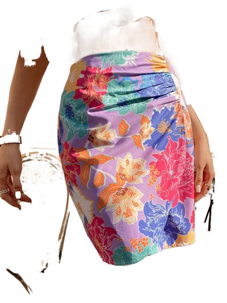 

allover floral print ruched detail skirt 35dj#, Black