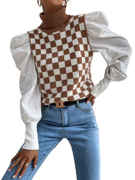 

checker pattern turtleneck sweater vest without blouse f4ap#, White;black