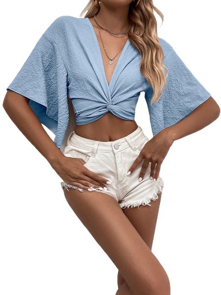 

deep v neck twist front tie back drop shoulder crop blouse q8do#, White