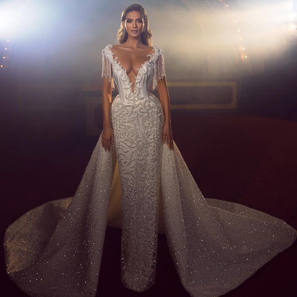 

plunging v neck mermaid wedding dresses with detachable train tassel appliques beaded bridal gowns vestido de novia, White