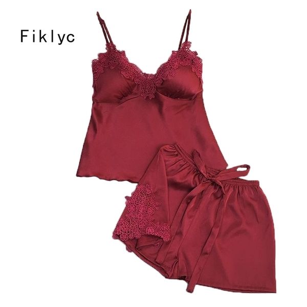 

fiklyc brand summer womens hollow out lace & satin pajamas sets fashion female nighties padded bust sleepwear y200425, Black;red