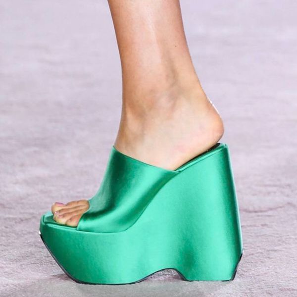 

fashion womens slippers muffin thick soled sandals designer satin 16cm high heeled shoe comfortable slope heel sandal large size slipper 4-1, Black