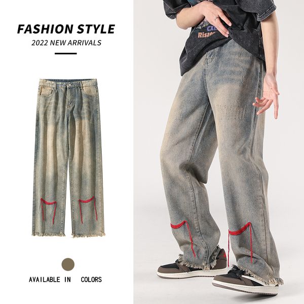 

y2k jeans kasual celana baggy kaki lurus longgar celana panjang bordir tren gaya lama pakaian jalanan hip hop pria wanita 220817, Blue