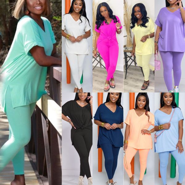 

designer leggings set 2 piece set women tracksuits new v-neck loose simple casual short sleeve two piece pants suit, Gray