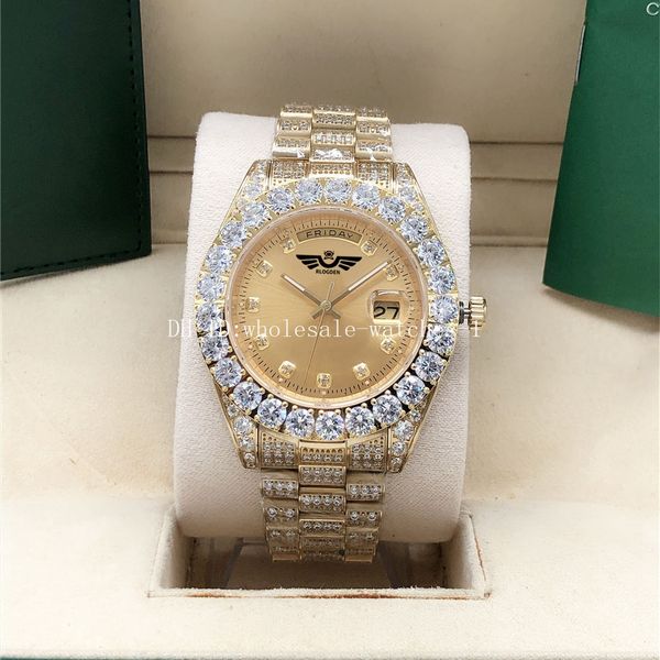 

watch full diamond gold dail president day-date 228238 228239 sapphire big diamond bezel 43mm 18k men automatic wristwatches with original b, Slivery;brown
