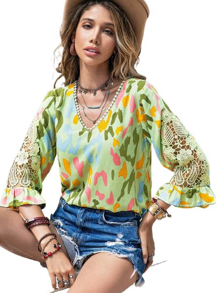 

rusttydustty guipure lace insert flounce sleeve blouse k60o#, White