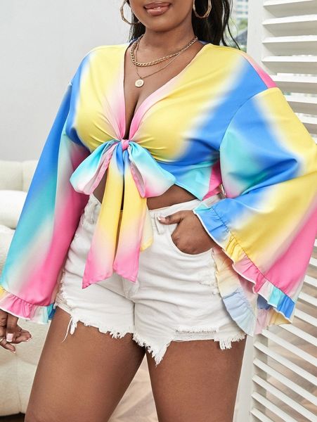 

sxy plus colorful ombre print flounce sleeve tie front crop blouse s0md#, Black