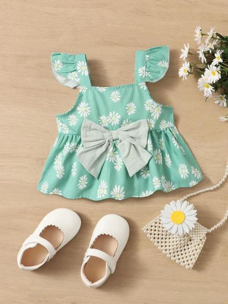

baby floral print ruffle trim bow front she, Blue