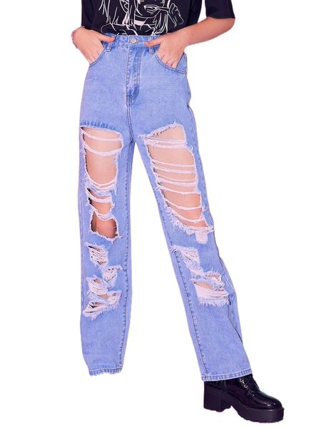 

romwe solid ripped straight leg jeans 6826#, Blue