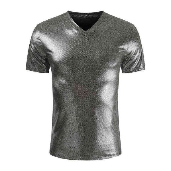T-shirt metallizzate lucide da uomo Hipster Slim Fit scollo a V manica corta T-shirt da uomo DJ Stage Singer Nightclub Prom Tee Shirt Homme 3XL L220704