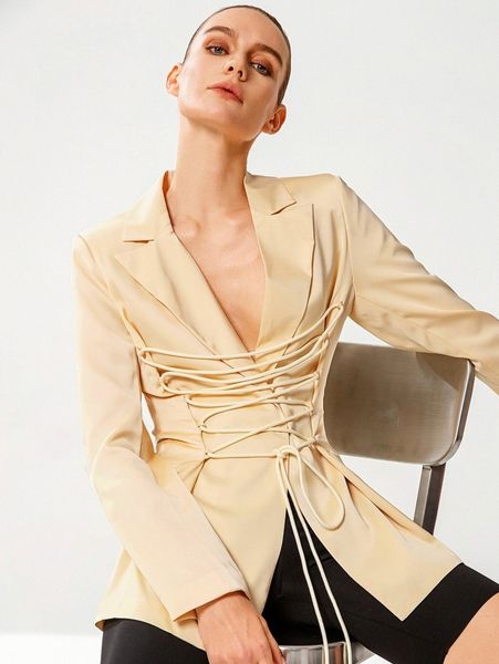 

double crazy lace up front lapel neck blazer d0ag#, White