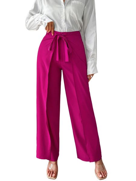 

solid tie front wide leg pants f7qe#, Black;white