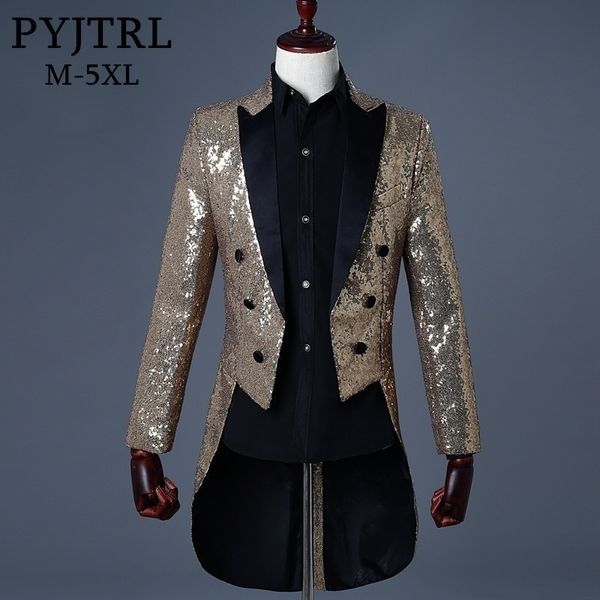 Pyjtrl Erkekler Altın Gümüş Kırmızı Mavi Siyah Sequin İnce Fit Tailcoat Stager Prom Elbiseler Kostüm Düğün Damat Takım Ceket 201104