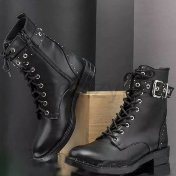 

boots designer black motorcycle riding men's high lace up adjustable belt buckle fashionable men's