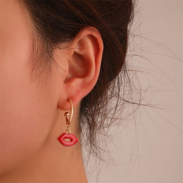 

women red lip model tassel stud earrings european pendant alloy c-shaped ear nail geometric mouth drop earring lady banquet gift wearing acc, Golden;silver