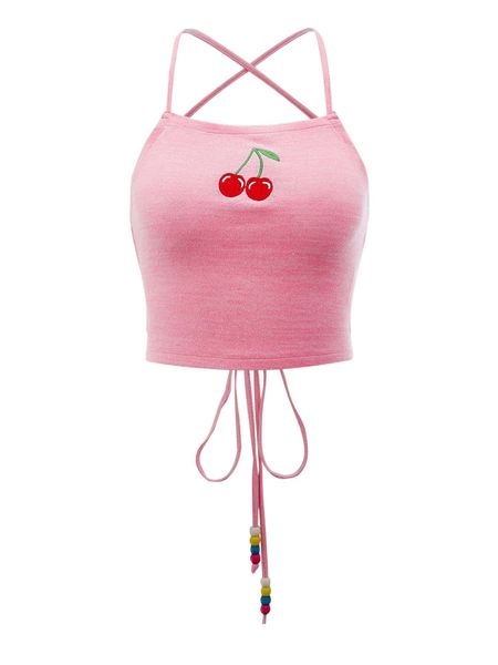 

mod cherry embroidery bead detail lace up backless cami 208q#, White