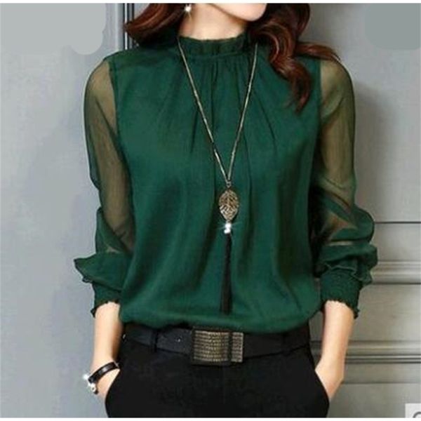 

chiffon blouse women long sleeve stand neck work wear shirts elegant lady casual blouses women's blusas plus size 210326, White