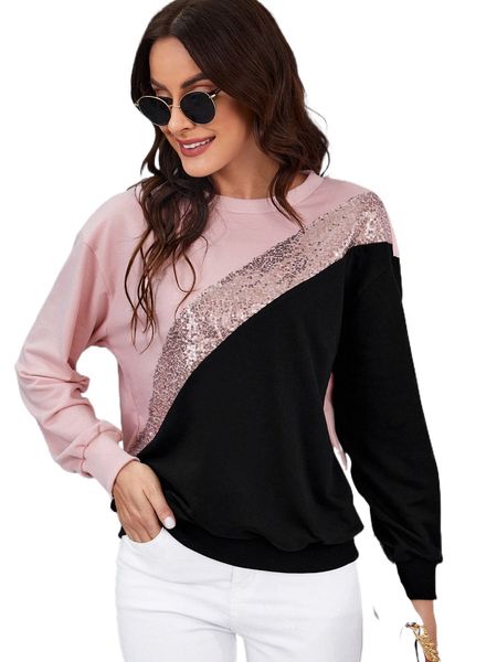 

colorblock contrast sequins sweatshirt 990w#, Black