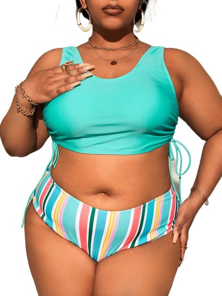 

plus striped drawstring side bikini swimsuit v5qt#, White;black