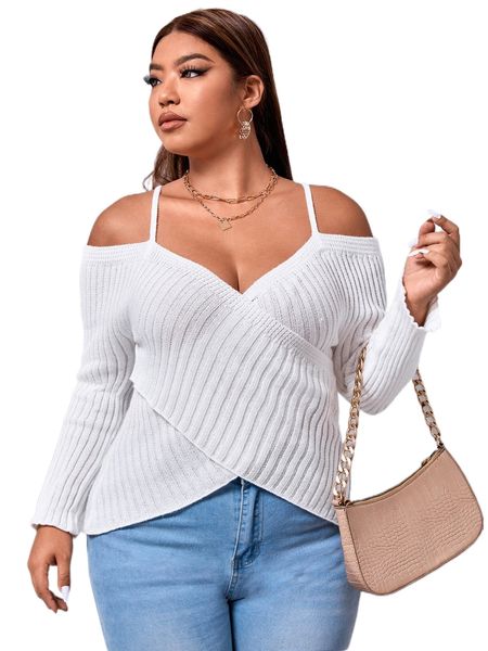 

plus cold shoulder wrap cross sweater r974#, Black