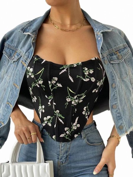 

1pc floral embroidery hanky hem lace up back crop tube g6co#, White