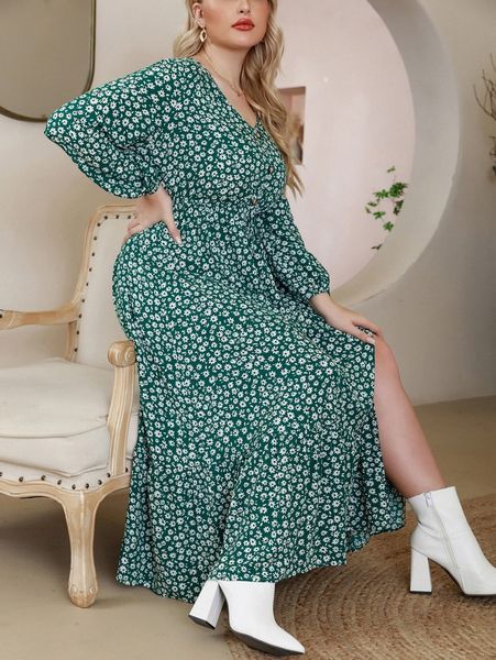 

plus ditsy floral lantern sleeve tie front slit ruffle hem dress r8em#, Black