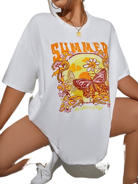 

plus butterfly & letter graphic drop shoulder tee r1dl#, Black