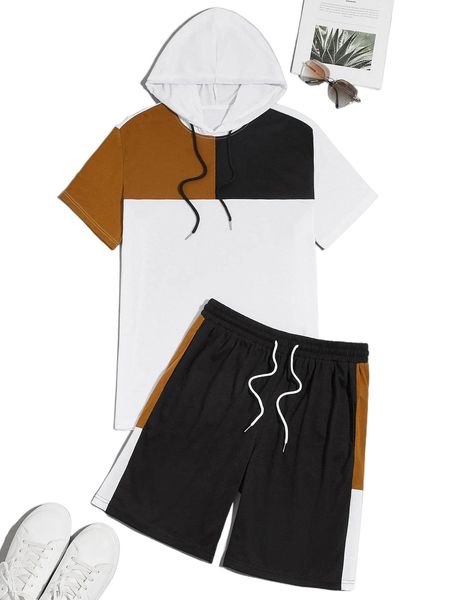 

men color block hooded tee & drawstring waist shorts n9ch#, Gray